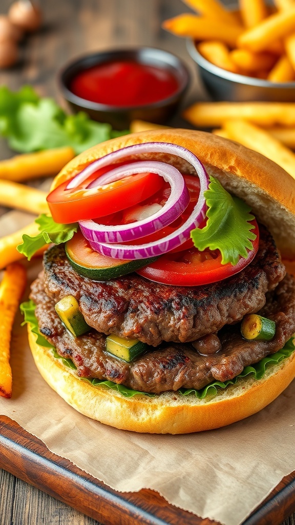 Zucchini and Beef Hamburger Recipe A juicy zucchini and beef hamburger with lettuce, tomato, and onion on a wooden table with fries and ketchup.